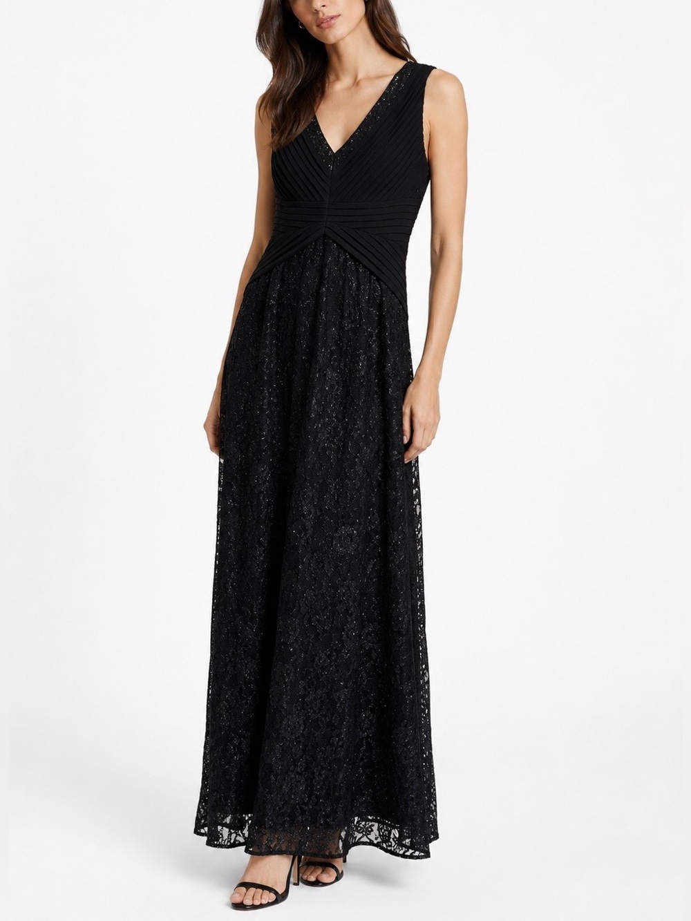 Calvin Klein Black Lace Pleated Bodice Sleeveless Maxi Gown 8 Shimmer Glam Gala